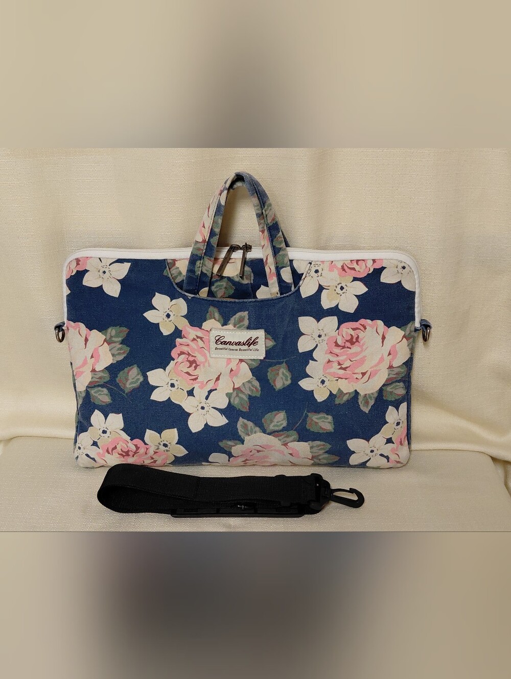 Canvaslife Floral Blue/Rose Design Laptop-Ipad Cushion Tote Bag